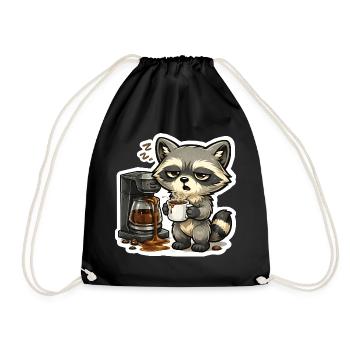 Coffee Raccoon – Tired raccoon with coffee machine - Drawstring Bag - black - Front