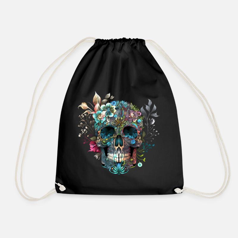 Mexican skull, flowers, skull, skull - Drawstring Bag - black
