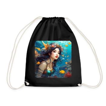 Cute Mermaid with Fish Anime - Drawstring Bag - black - Front