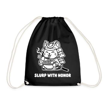 Samurai cat eating noodles - Drawstring Bag - black - Front