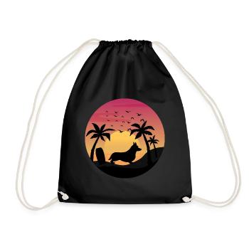 Cardigan Welsh Corgi Dog Surfing Beach Palm Trees - Drawstring Bag - black - Front