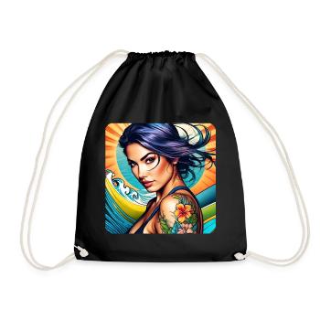 Jolie fille de plage avec des tatouages de fleurs - Sac de sport léger - noir - Devant