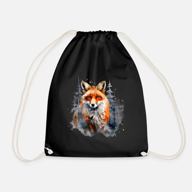 Red fox, snow - Drawstring Bag - black
