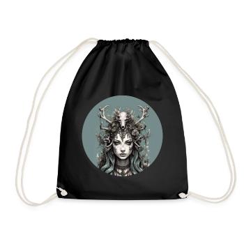 Mystical forest goddess with deer antlers, shaman. - Drawstring Bag - black - Front