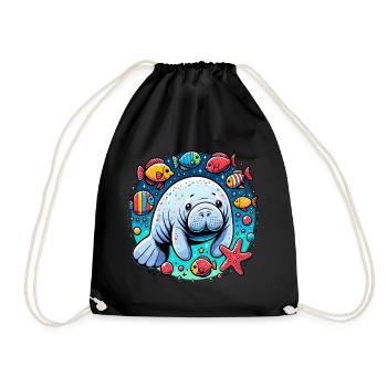 Manatee with lots of colorful fish and starfish - Drawstring Bag - black - Front