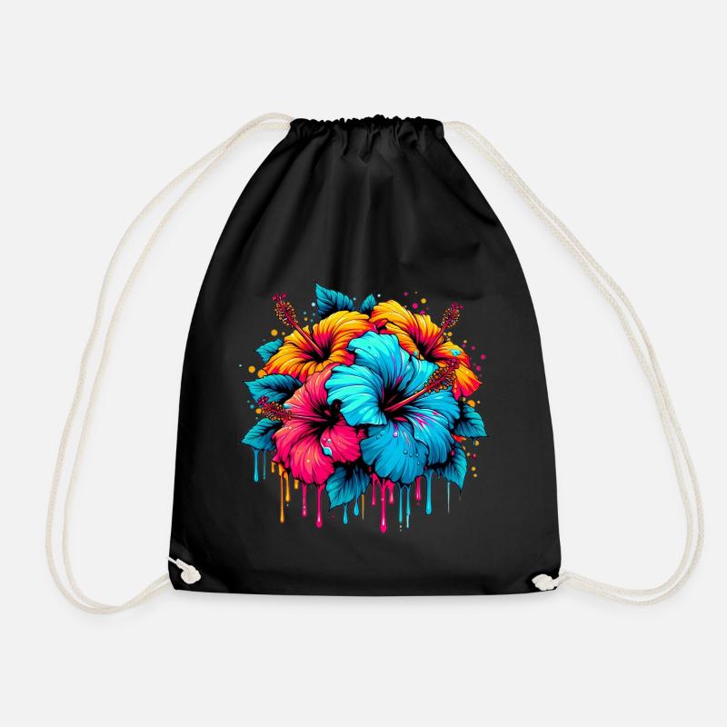 Hibiscus Flowers - Drawstring Bag - black