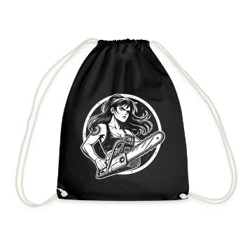 Women with Chainsaw – Funny Power Design - Drawstring Bag - black - Front