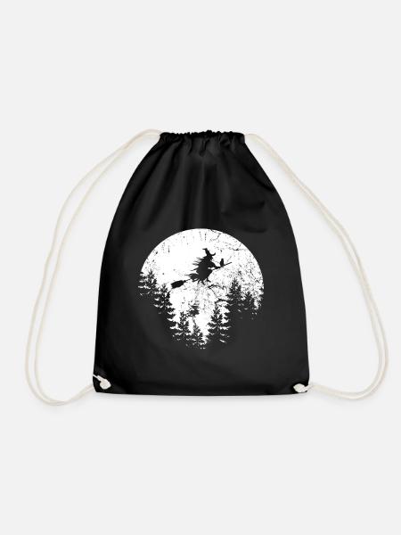 Hexe auf Besen Vollmond Silhouette Halloween - Turnbeutel - Schwarz