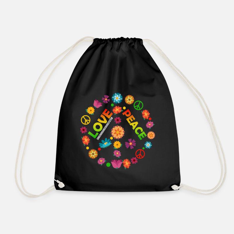 Flower Circle Love Peace - Drawstring Bag - black