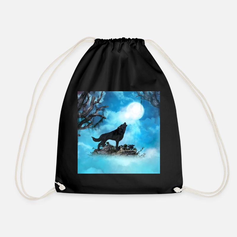 Awesome wolf in the night - Drawstring Bag - black