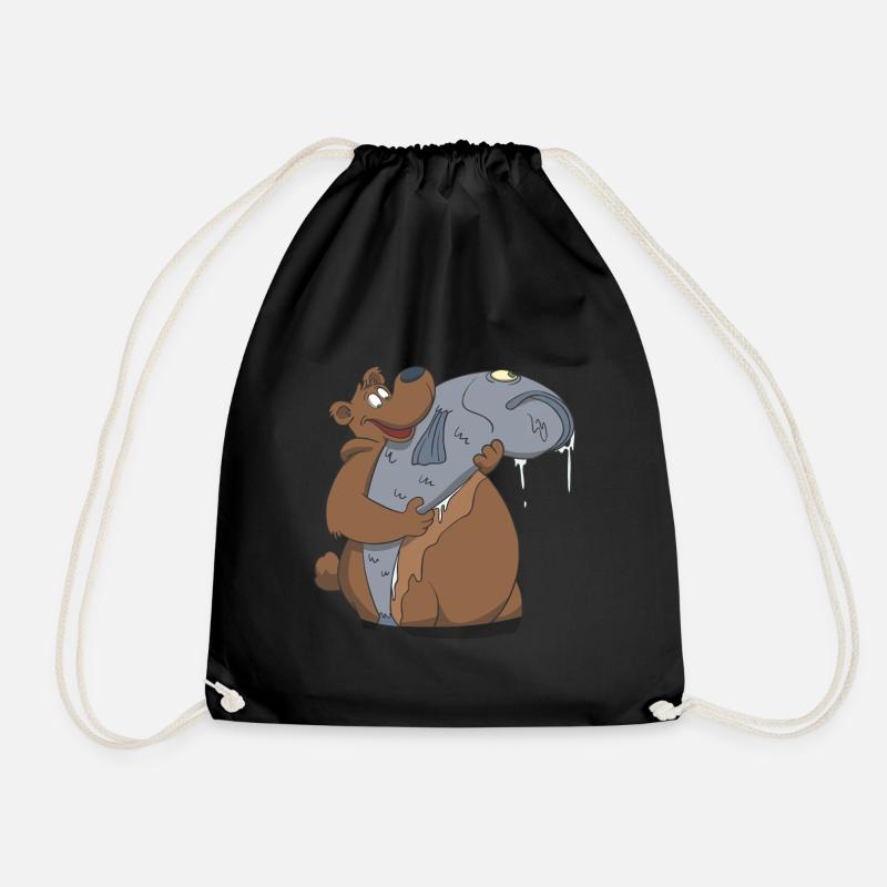A bear with angler trophy fish gift - Drawstring Bag - black