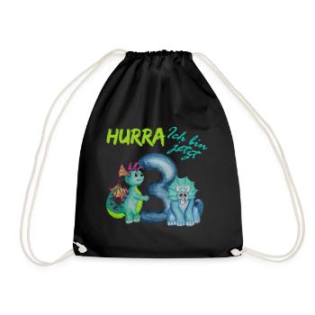 Dino, Geburtstag Hurra ich bin jetzt 3 Dinos - Turnbeutel - Schwarz - Vorne