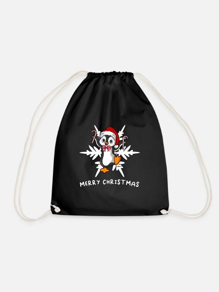 Sweet Merry Christmas Penguin with Ice Flake - Drawstring Bag - black