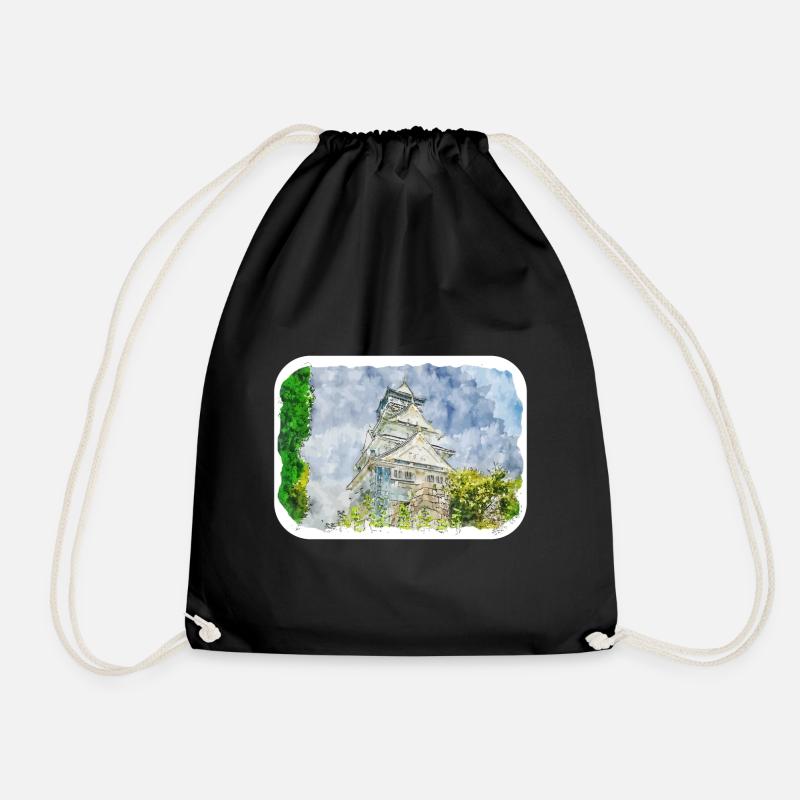 Japan Watercolor Sketch Hand Drawn Illustration - Drawstring Bag - black