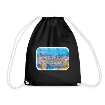 Budapest Hungary Watercolor Sketch Illustration - Drawstring Bag - black - Front