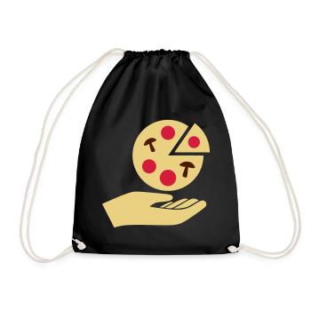 Hand überreicht Pizza mit Salami und Pilzen - Turnbeutel - Schwarz - Vorne
