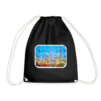 China Watercolor Sketch Hand Drawn Illustration - Drawstring Bag - black - Front