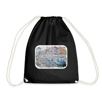 Copenhagen Denmark Watercolor Sketch Illustration - Drawstring Bag - black - Front