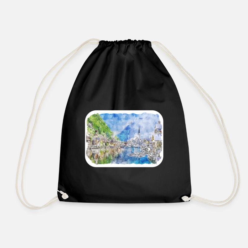 Austria Watercolor Sketch Hand Drawn Illustration - Drawstring Bag - black