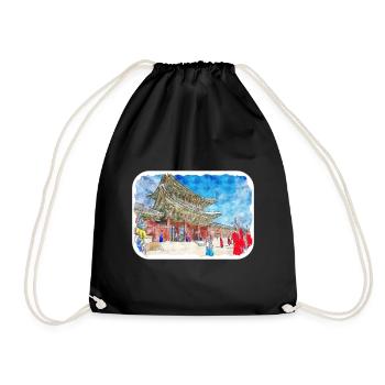 Busan South Korea Watercolor Sketch Draw Drawing - Drawstring Bag - black - Front