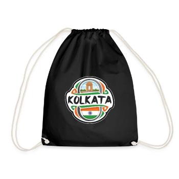Kolkata India Flag Badge Travel Souvenir Stamp - Drawstring Bag - black - Front