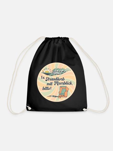 1x Strandkorb mit Meerblick, bitte Spruch Retro - Turnbeutel - Schwarz