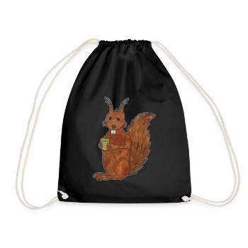sweet squirrel with oak nut with outlines - Drawstring Bag - black - Front
