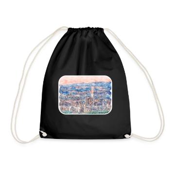Busan South Korea Watercolor Sketch Illustration - Drawstring Bag - black - Front