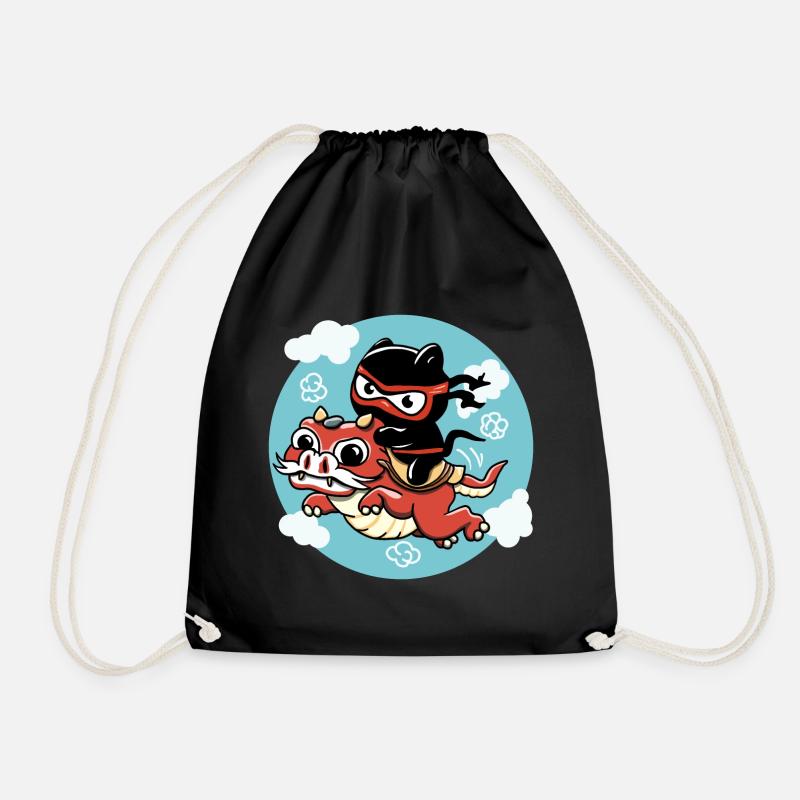 Kawaii Ninja cat riding a red dragon - Drawstring Bag - black