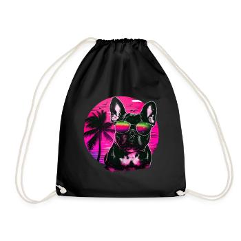 Cute Bulldog - Dog with sunglasses on the beach - Drawstring Bag - black - Front