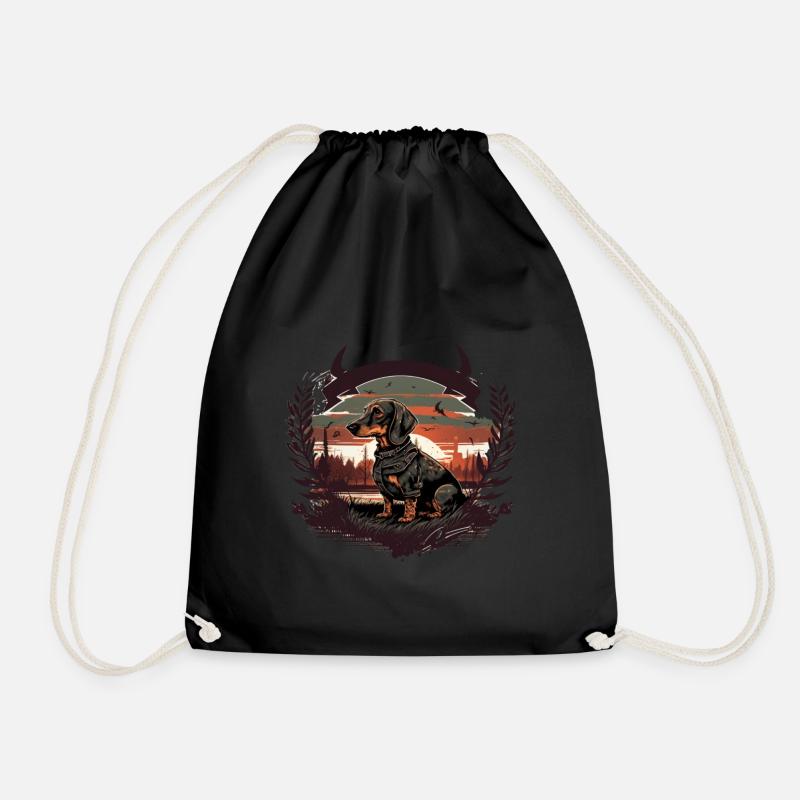 Dachshund hunting dog with sun - Drawstring Bag - black