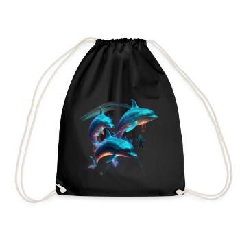 Blue watercolor dolphin and a diver - Drawstring Bag - black - Front