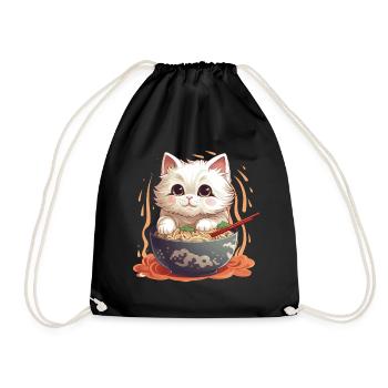 A bowl of ramen with a guest: a kawai cat - Drawstring Bag - black - Front