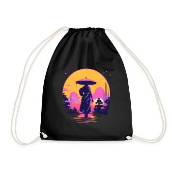 Synthwave Japan traditional woman with umbrella - Turnbeutel - Schwarz - Vorne