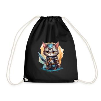 Cat in Knight Equipment with Longsword, AI Gen - Drawstring Bag - black - Front