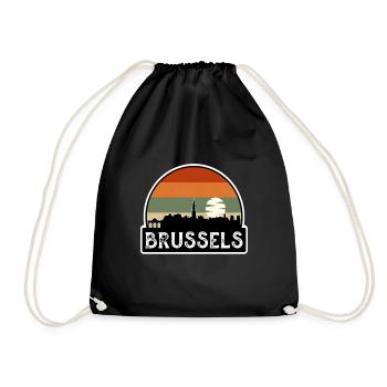 Brussels Belgium Flag Skyline Travel Souvenir - Drawstring Bag - black - Front