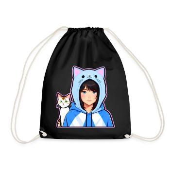 Cute Anime Manga Girl with Cat Hoodie - Drawstring Bag - black - Front