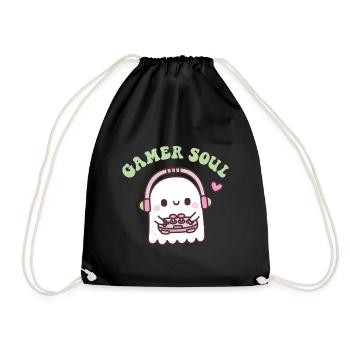 Cute Ghost Playing Video Games Gamer Soul Funny Pu - Drawstring Bag - black - Front