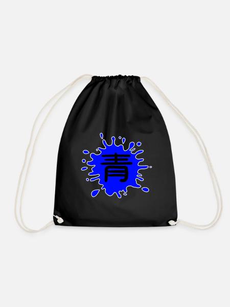 Color: Blue in Japanese with white border - Drawstring Bag - black