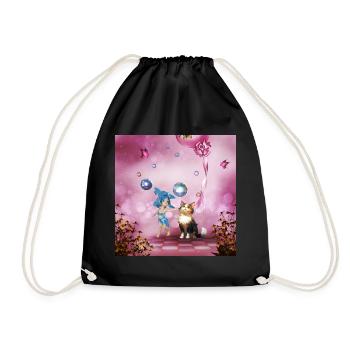 Sweet fairy is playing with cute cat - Drawstring Bag - black - Front