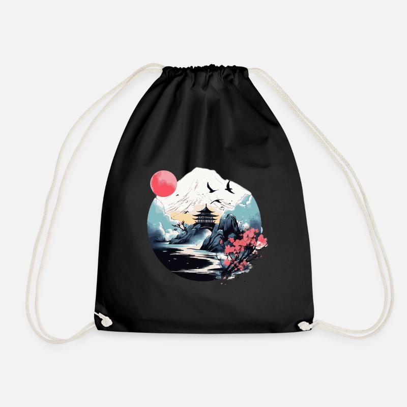 Japanese Mountain, Water & Pagoda Scene - Drawstring Bag - black