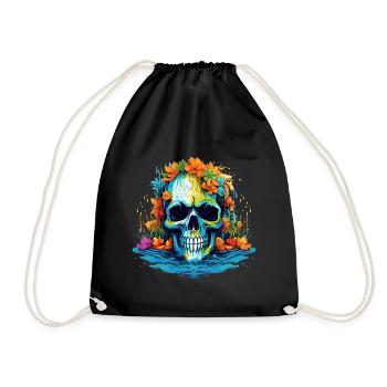 Tropischer Blüten-Totenkopf - Turnbeutel - Schwarz - Vorne