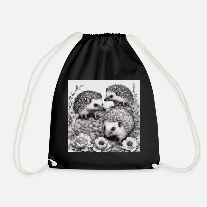 Hedgehog family - Drawstring Bag - black