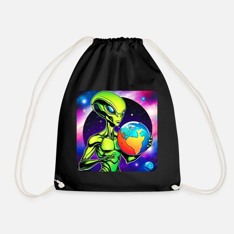 Cooler Alien mit Planet in den Händen - Turnbeutel - Schwarz