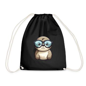 Robbe trägt Brille Karikatur Kawaii Illustration - Turnbeutel - Schwarz - Vorne