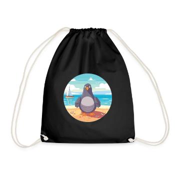 Pigeon Cartoon Yoga Beach Summer Illustration - Drawstring Bag - black - Front