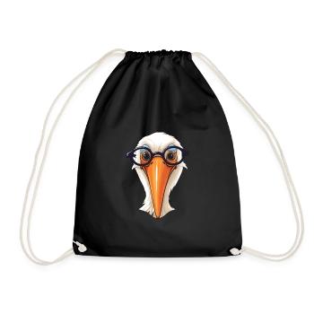 Pelican With Glasses Cartoon Kawaii Illustration - Drawstring Bag - black - Front