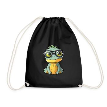 Iguana Wearing Glasses Cartoon Kawaii Illustration - Drawstring Bag - black - Front
