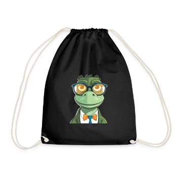 Crocodile With Glasses Cartoon Kawaii Illustration - Drawstring Bag - black - Front