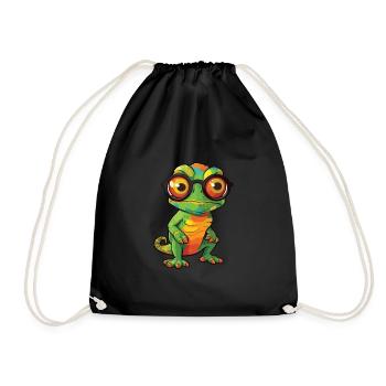 Chameleon With Glasses Cartoon Kawaii Illustration - Drawstring Bag - black - Front